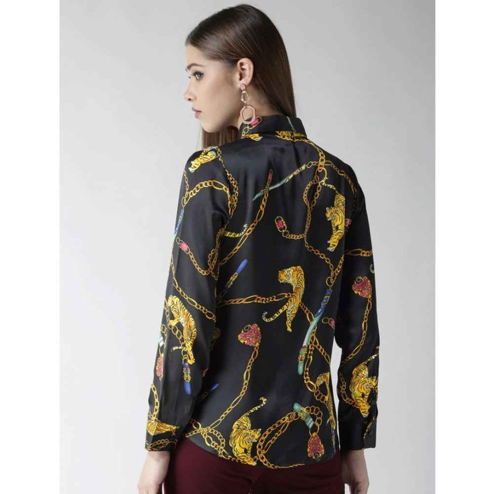 Generic Women's Satin Printed Long Sleeves Standard Length Shirt (Black - Gold)