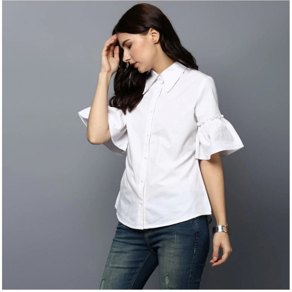 Generic Women's Cotton Solid Bell Sleeve Top (White)