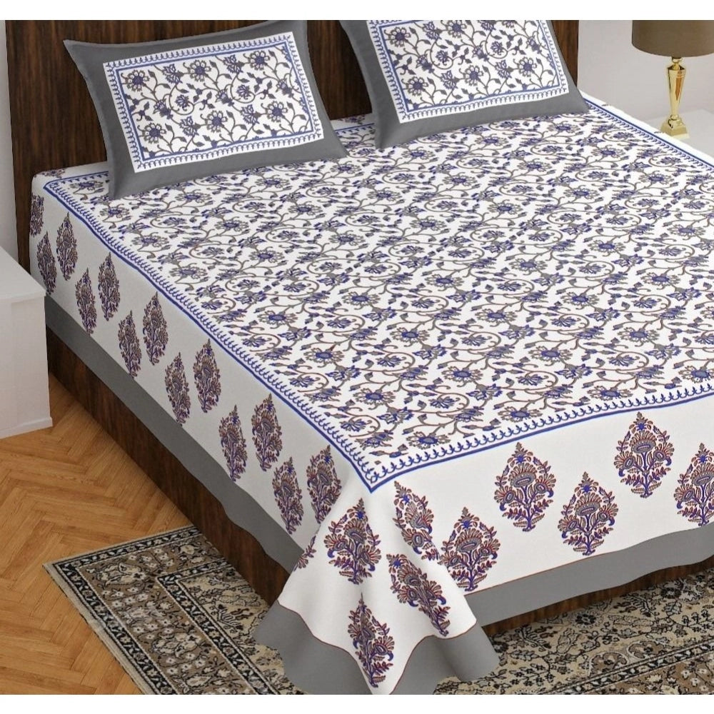 Generic Cotton Printed Queen Size Bedsheet With 2 Pillow Covers (White, 90x100 Inch)