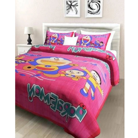 Generic Cotton Printed Queen Size Bedsheet With 2 Pillow Covers (Pink, 90x100 Inch)