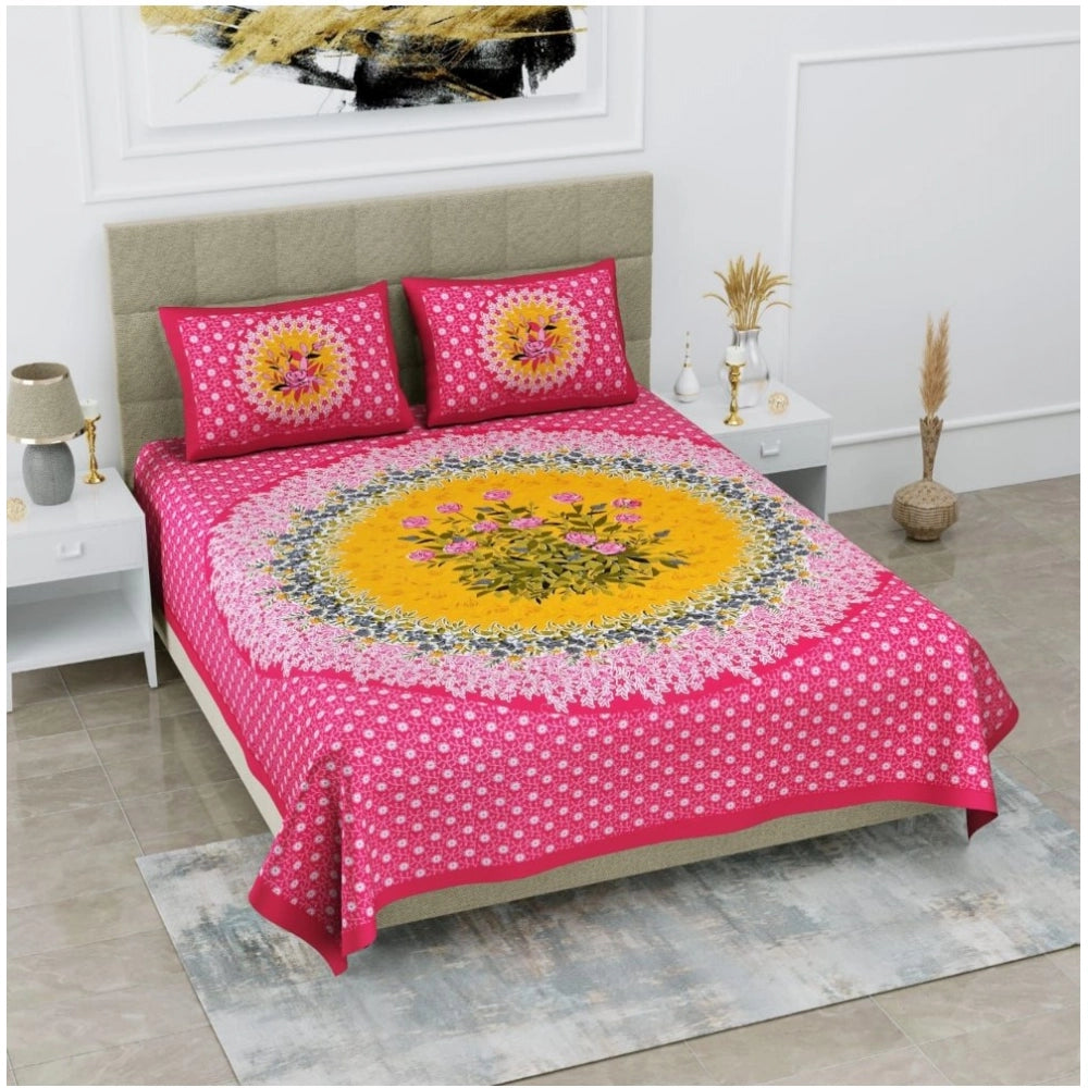 Generic Cotton Printed Queen Size Bedsheet With 2 Pillow Covers (Pink, 90x100 Inch)