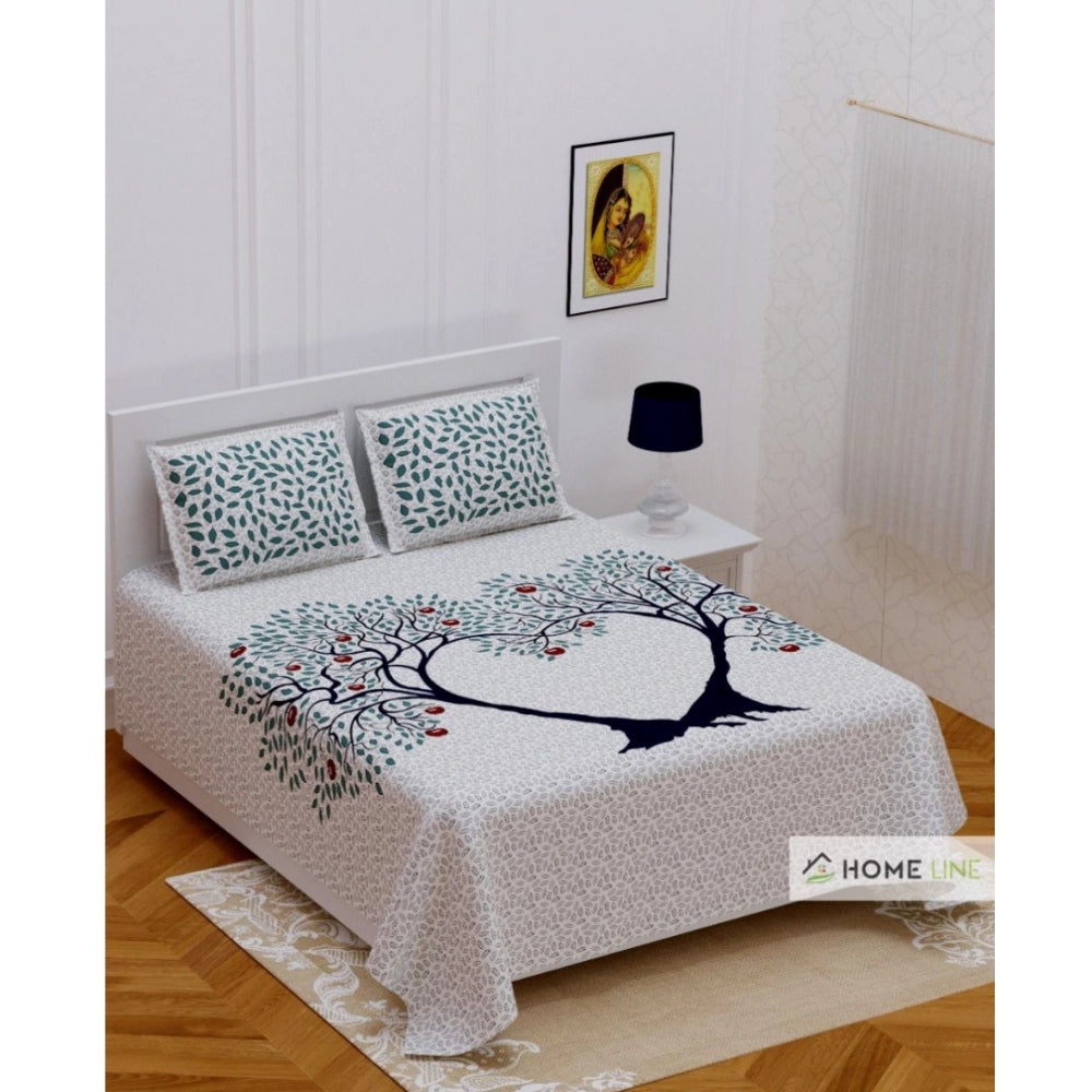 Generic Cotton Printed Queen Size Bedsheet With 2 Pillow Covers (White, 90x100 Inch)