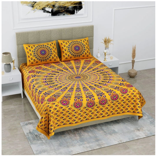 Generic Cotton Printed Queen Size Bedsheet With 2 Pillow Covers (Yellow, 90x100 Inch)