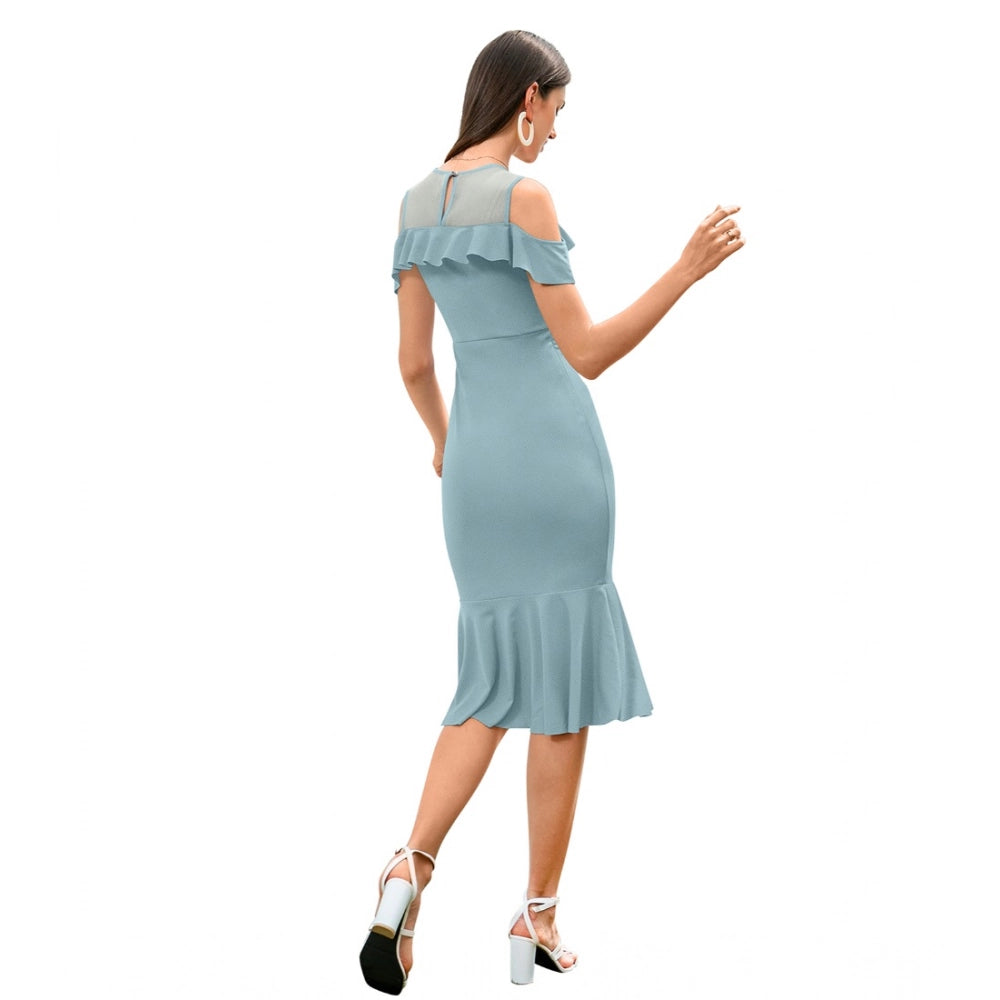 Generic Women's Knitting stretchable Solid Round Neck Sleeveless Dress (Pista )