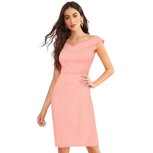 Generic Women's Knitting stretchable Solid Round Neck Sleeveless Dress (Peach)