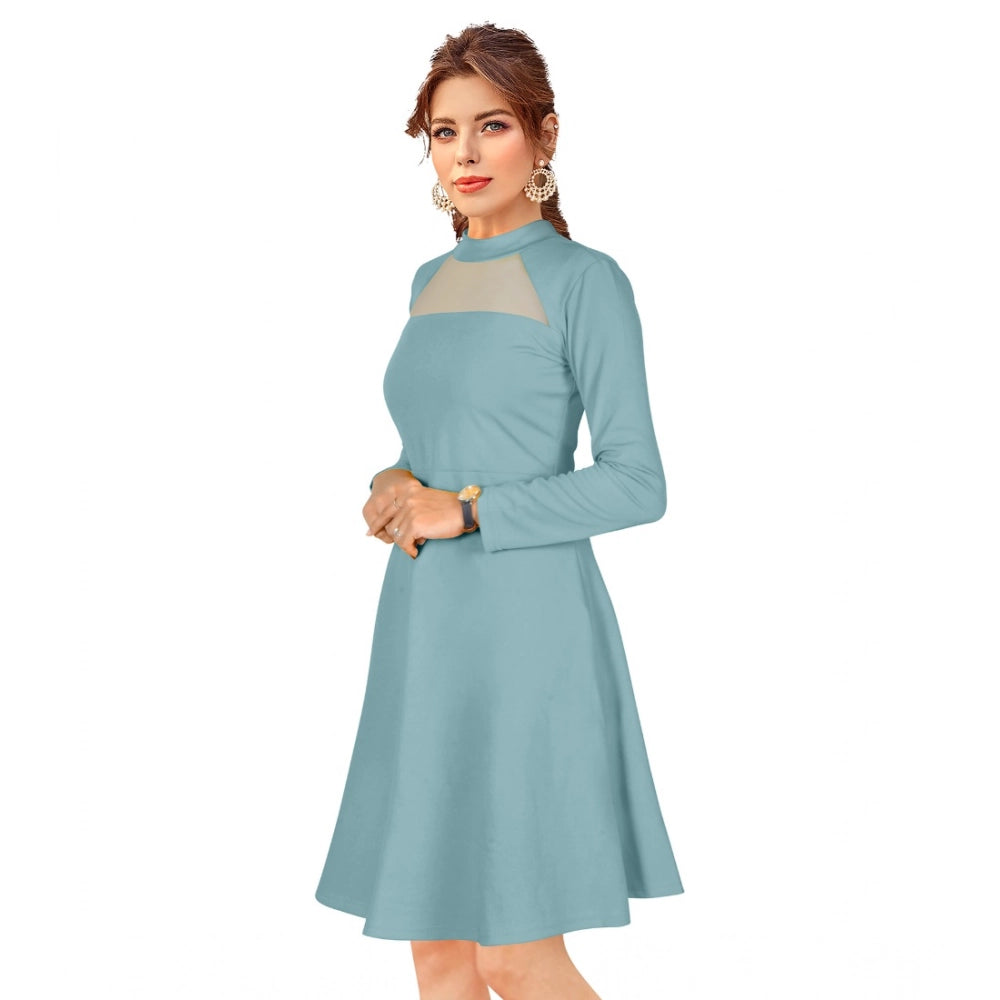 Generic Women's Knitting stretchable Solid Round Neck Full Sleeve Dress (Pista)