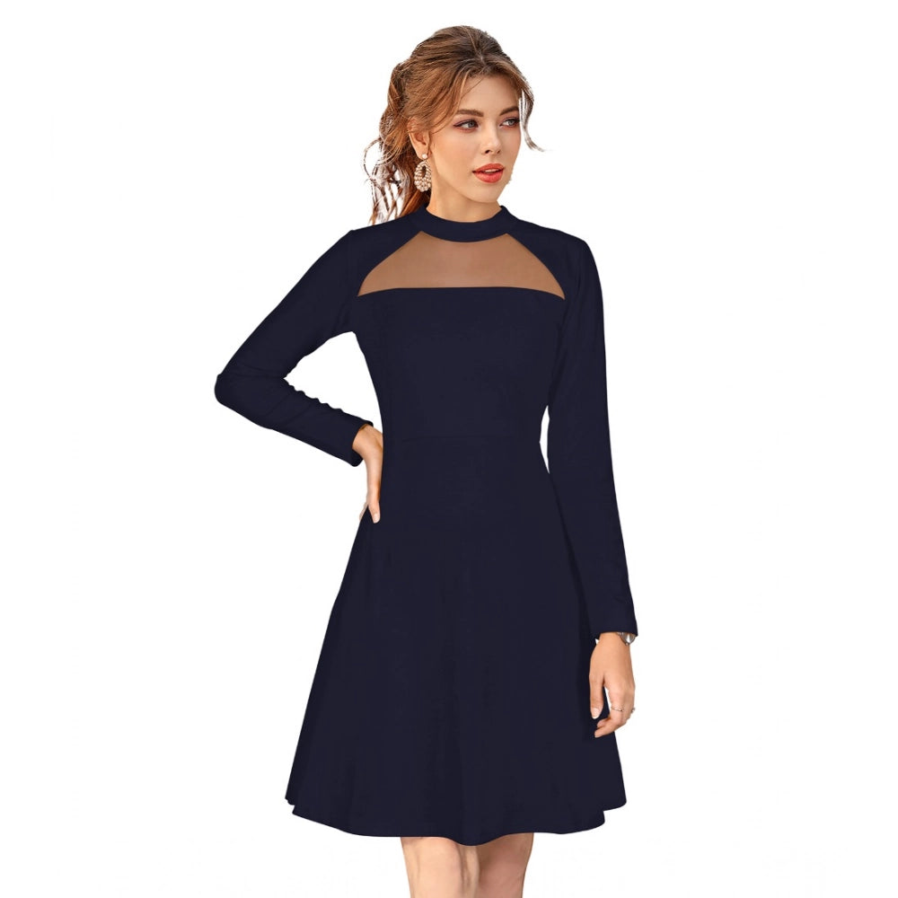 Generic Women's Knitting stretchable Solid Round Neck Full Sleeve Dress (Blue)