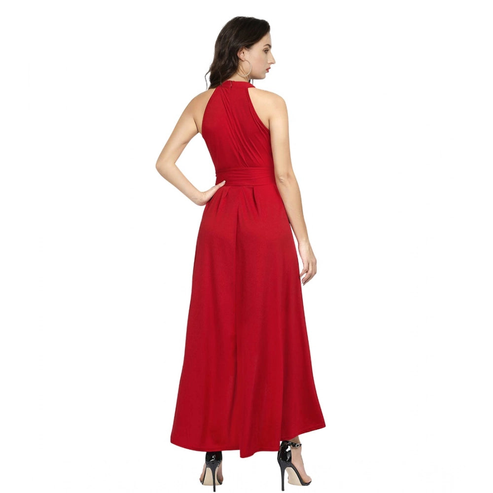Generic Women's Polyster Solid Halter Neck Sleeveless Dress (Red)