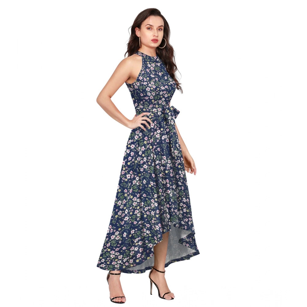 Generic Women's Polyester Printed Halter Neck Sleeveless Dress (Blue)