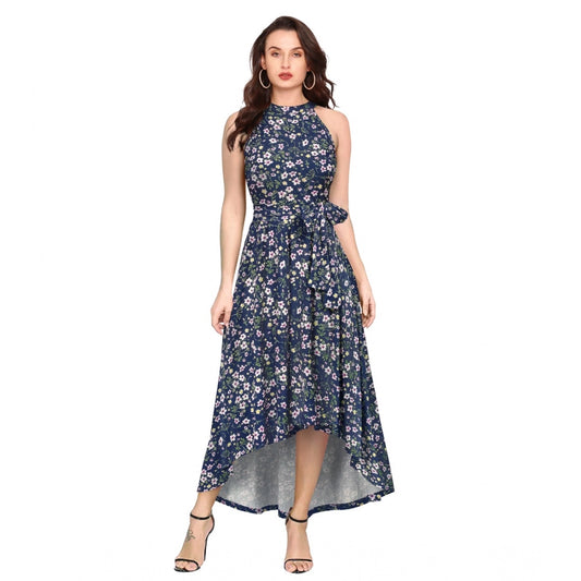 Generic Women's Polyester Printed Halter Neck Sleeveless Dress (Blue)