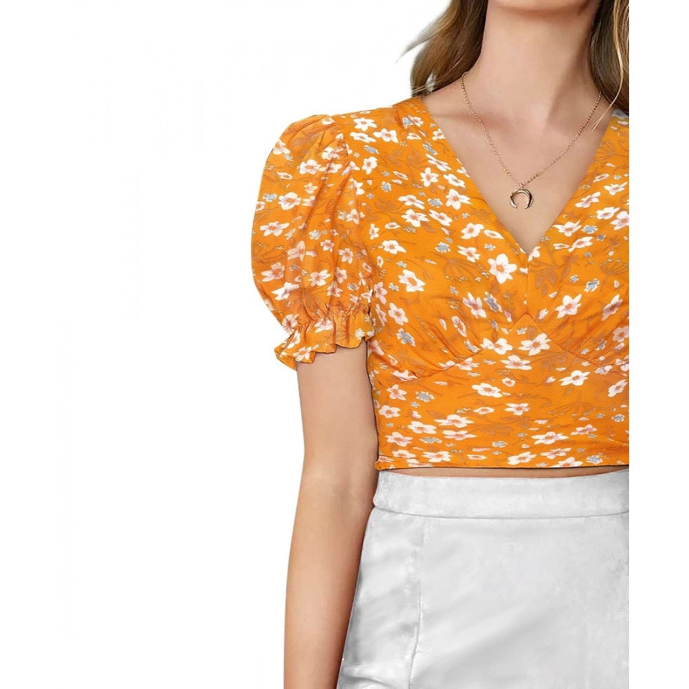 Generic Women's Knitting Printed V-Neck Puff Sleeve Tops (Yellow)