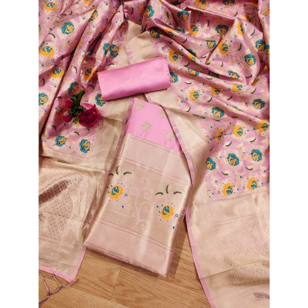 Generic Women's Banarasi Silk Printed Unstitched Salwar Suit Material With Dupatta (Pink, 3Mtrs)