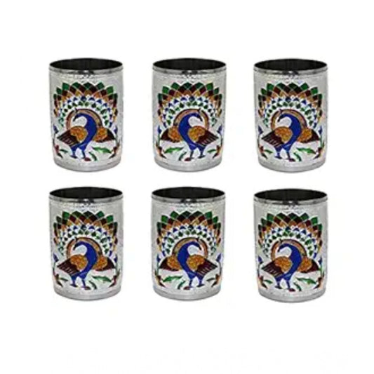 Generic Steel Meenakari Peacock Design Decorative Glass Set (Silver)