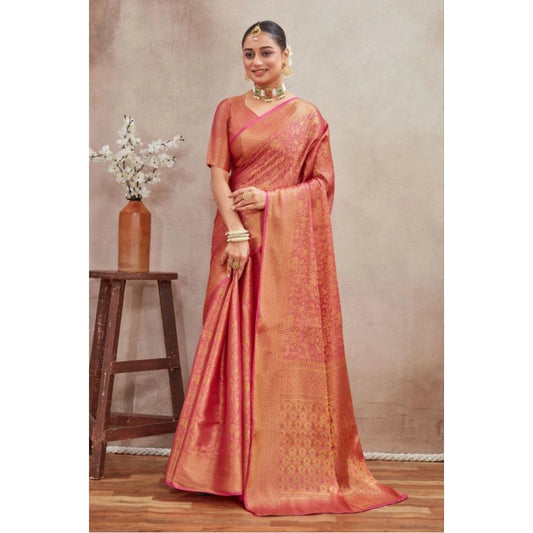 Generic Women's Silk Blend Floral Printed Saree With Unstitched Blouse 5.5Mtr (Peach)