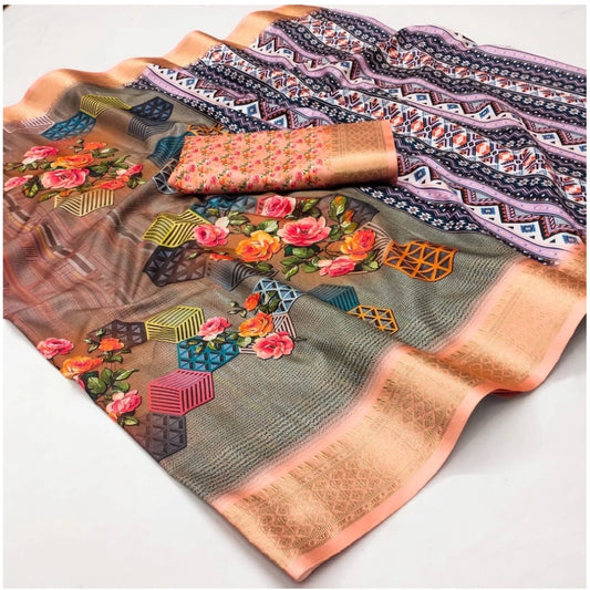Generic Women's Cotton Silk Printed Saree With Unstitched Blouse 5.5Mtr (Multicolor)
