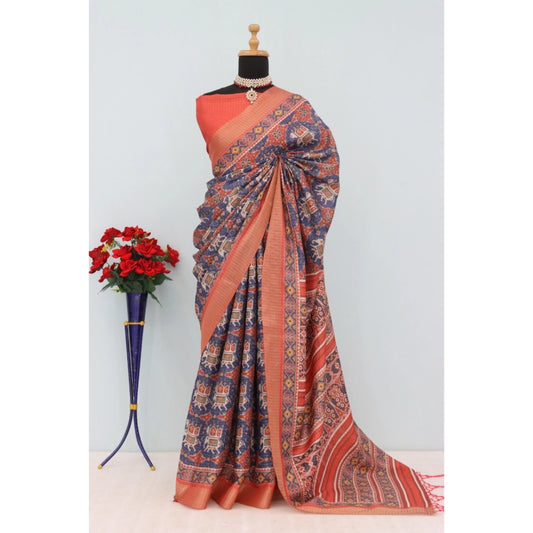 Generic Women's Mysore Silk  Digital Print Saree With Unstitched Blouse 5.5Mtr (Blue)