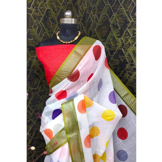 Generic Women's Cotton Linen Printed Saree With Unstitched Blouse 5.5Mtr (Multicolor)