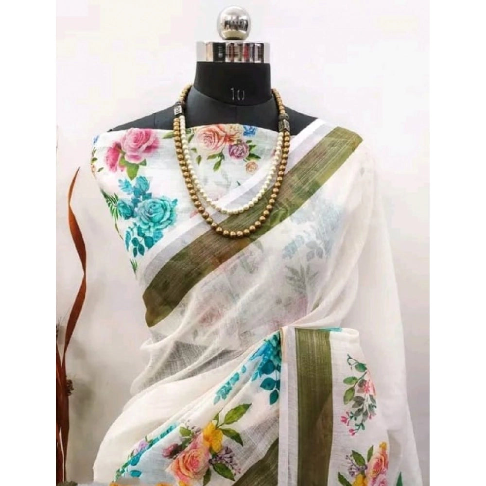 Generic Women's Cotton Linen Printed Saree With Unstitched Blouse 5.5Mtr (Multicolor)