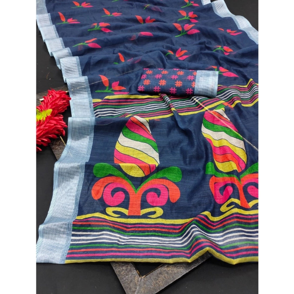Generic Women's Cotton Linen Digital Print Saree With Unstitched Blouse 5.5Mtr (Blue)