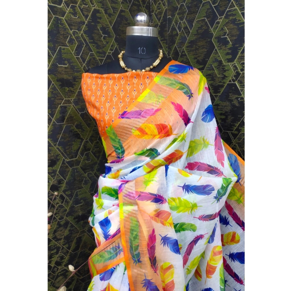 Generic Women's Cotton Linen Woven Design Saree With Unstitched Blouse 5.5Mtr (Orange)