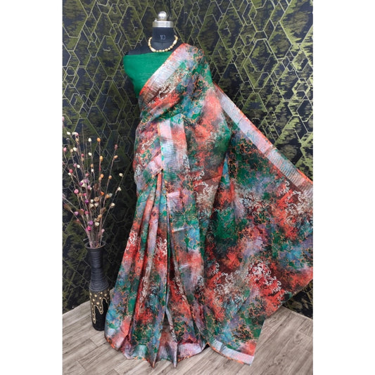 Generic Women's Cotton Linen Woven Design Saree With Unstitched Blouse 5.5Mtr (Green)