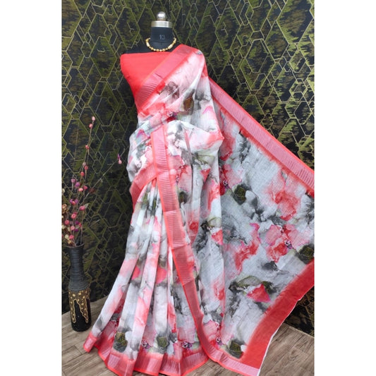 Generic Women's Cotton Linen Woven Design Saree With Unstitched Blouse 5.5Mtr (Red)