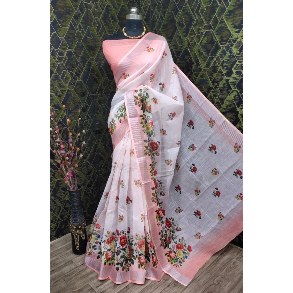 Generic Women's Cotton Linen Woven Design Saree With Unstitched Blouse 5.5Mtr (Peach)