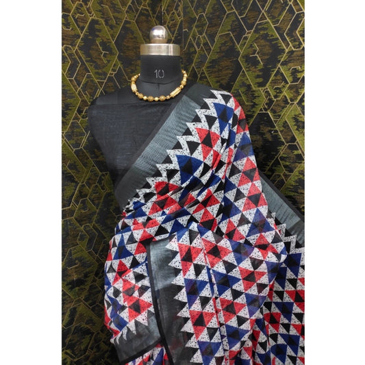 Generic Women's Cotton Linen Printed Saree With Unstitched Blouse 5.5Mtr (Black)
