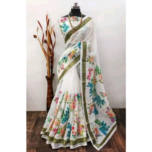Generic Women's Cotton Linen Printed Saree With Unstitched Blouse 5.5Mtr (Multicolor)