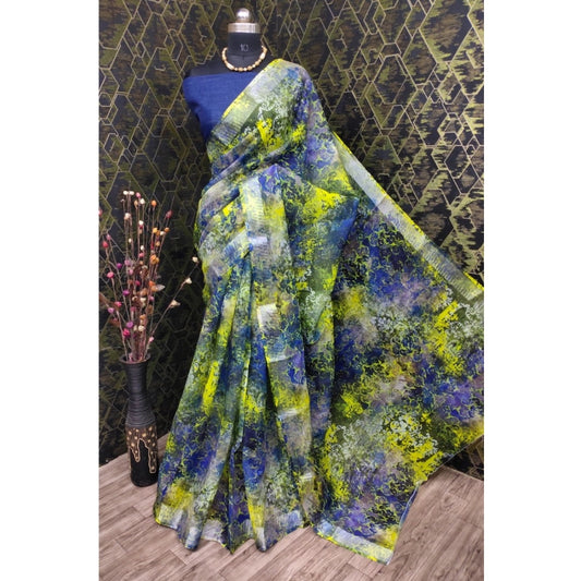 Generic Women's Cotton Linen Woven Design Saree With Unstitched Blouse 5.5Mtr (Blue)