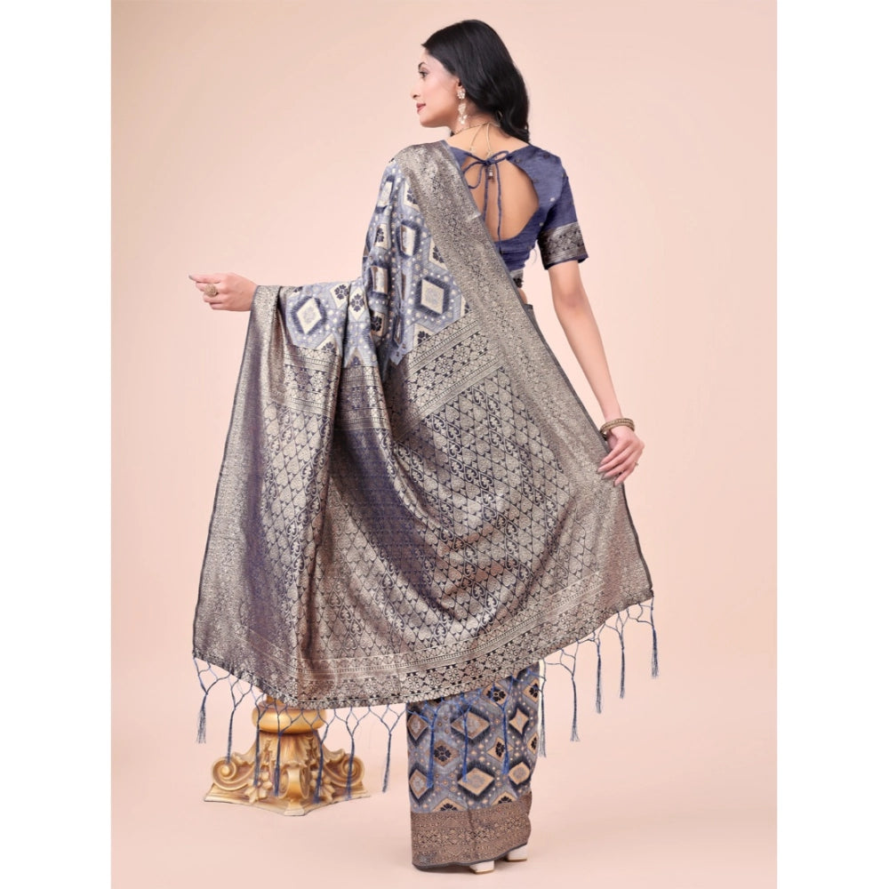 Generic Women's Cotton Printed Saree With Unstitched Blouse 5.5Mtr (Navy Blue)