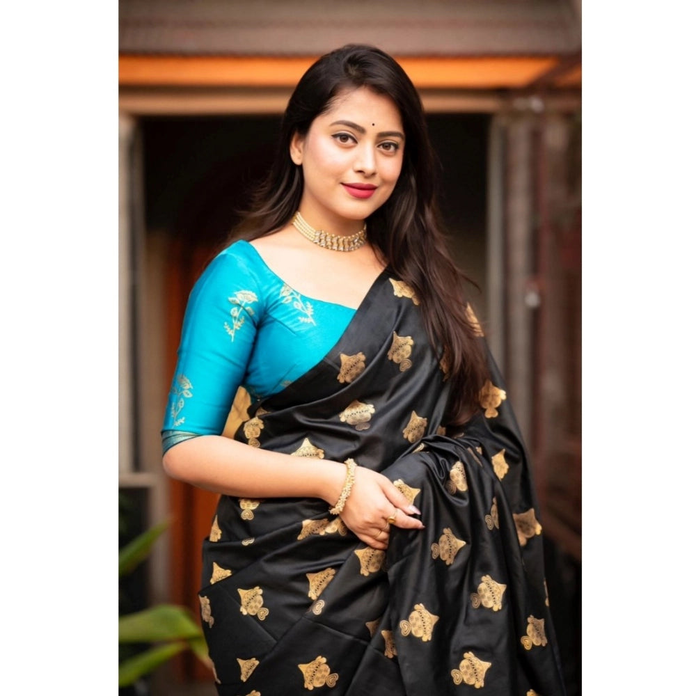 Generic Women's Silk Printed Saree With Unstitched Blouse 5.5Mtr (Sky Blue)