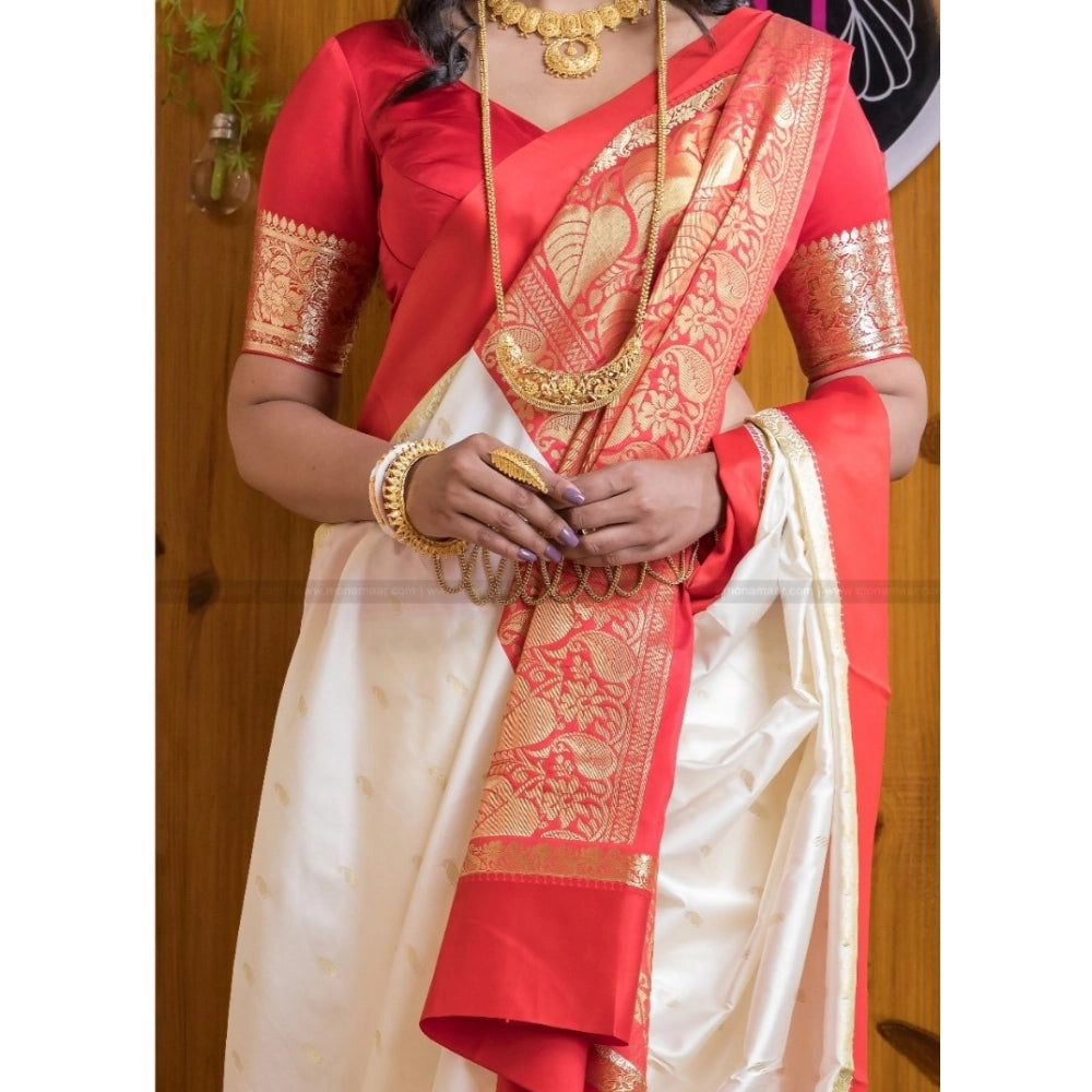 Generic Women's Silk Printed Saree With Unstitched Blouse 5.5Mtr (White-Red)