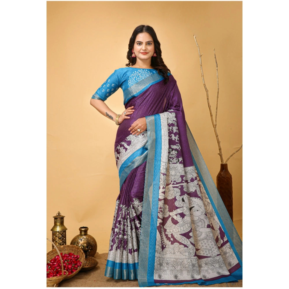 Generic Women's Soft Handloom Cotton Kalamkari Printed Saree With Unstitched Blouse 5.5Mtr (Purple)