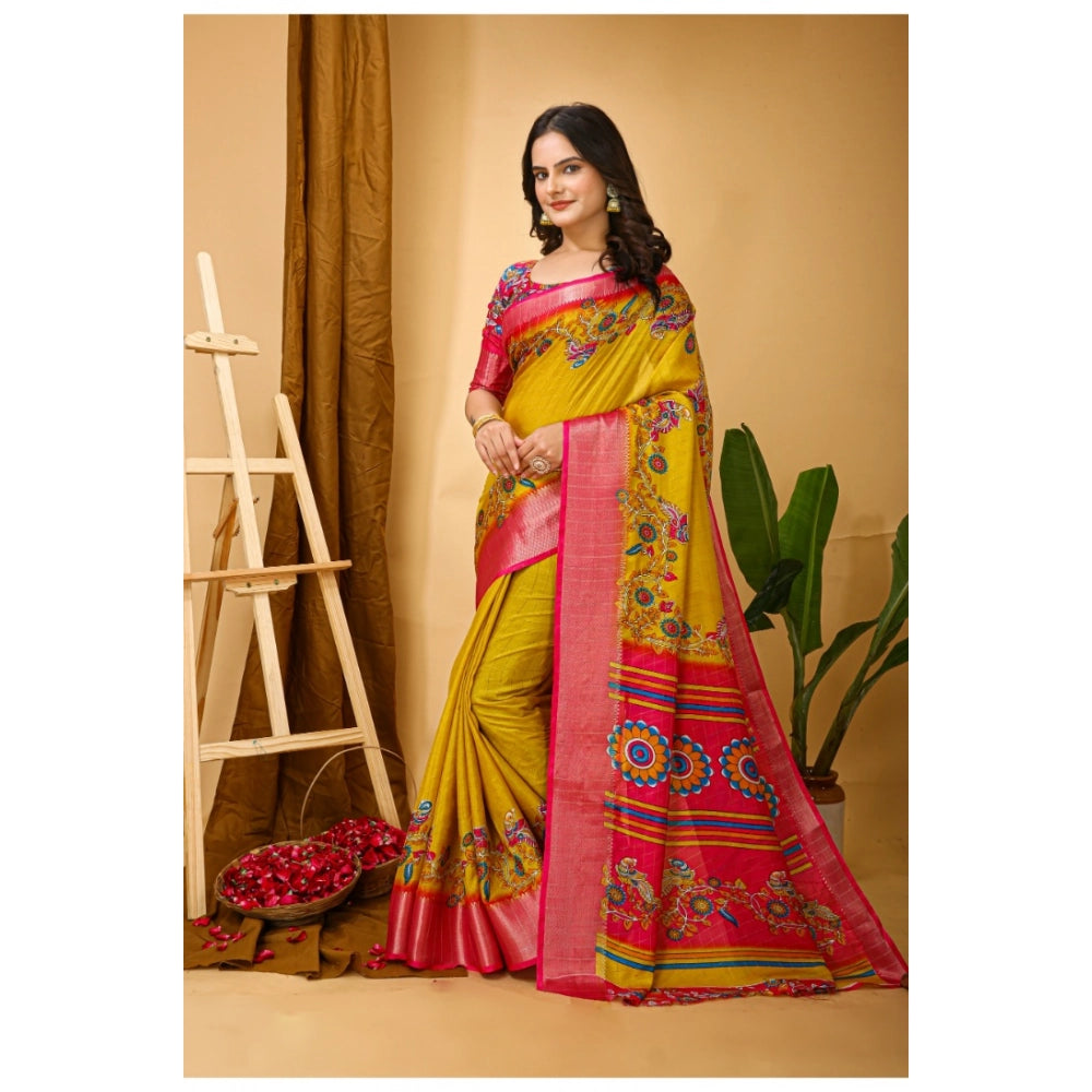 Generic Women's Soft Dola Cotton Kalamkari Printed Saree With Unstitched Blouse 5.5Mtr (Yellow)