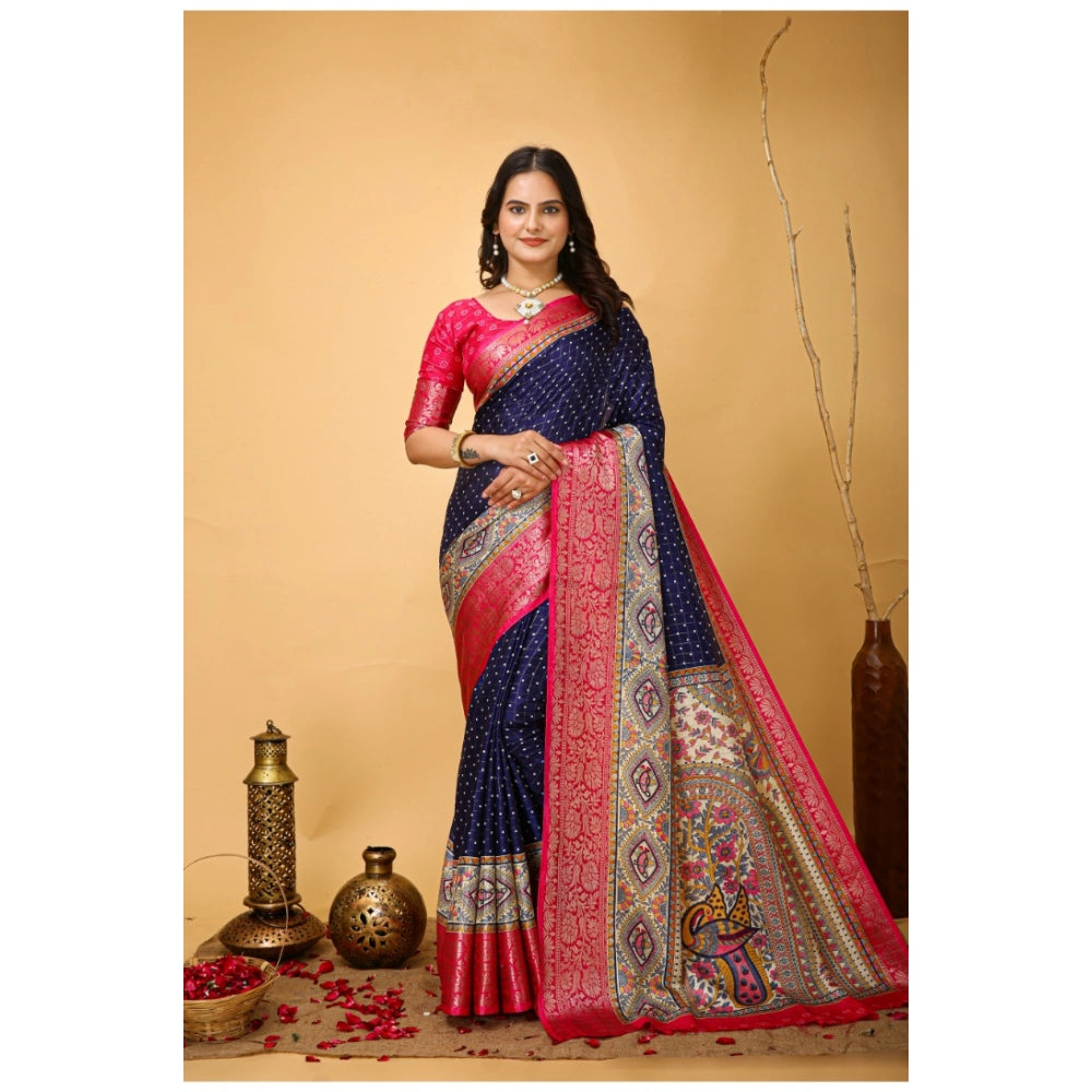 Generic Women's Soft Dola Cotton Kalamkari Printed Saree With Unstitched Blouse 5.5Mtr (Navy Blue)