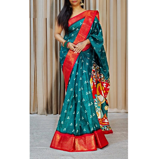 Generic Women's Soft Dola Cotton Kalamkari Printed Saree With Unstitched Blouse 5.5Mtr (Blue)
