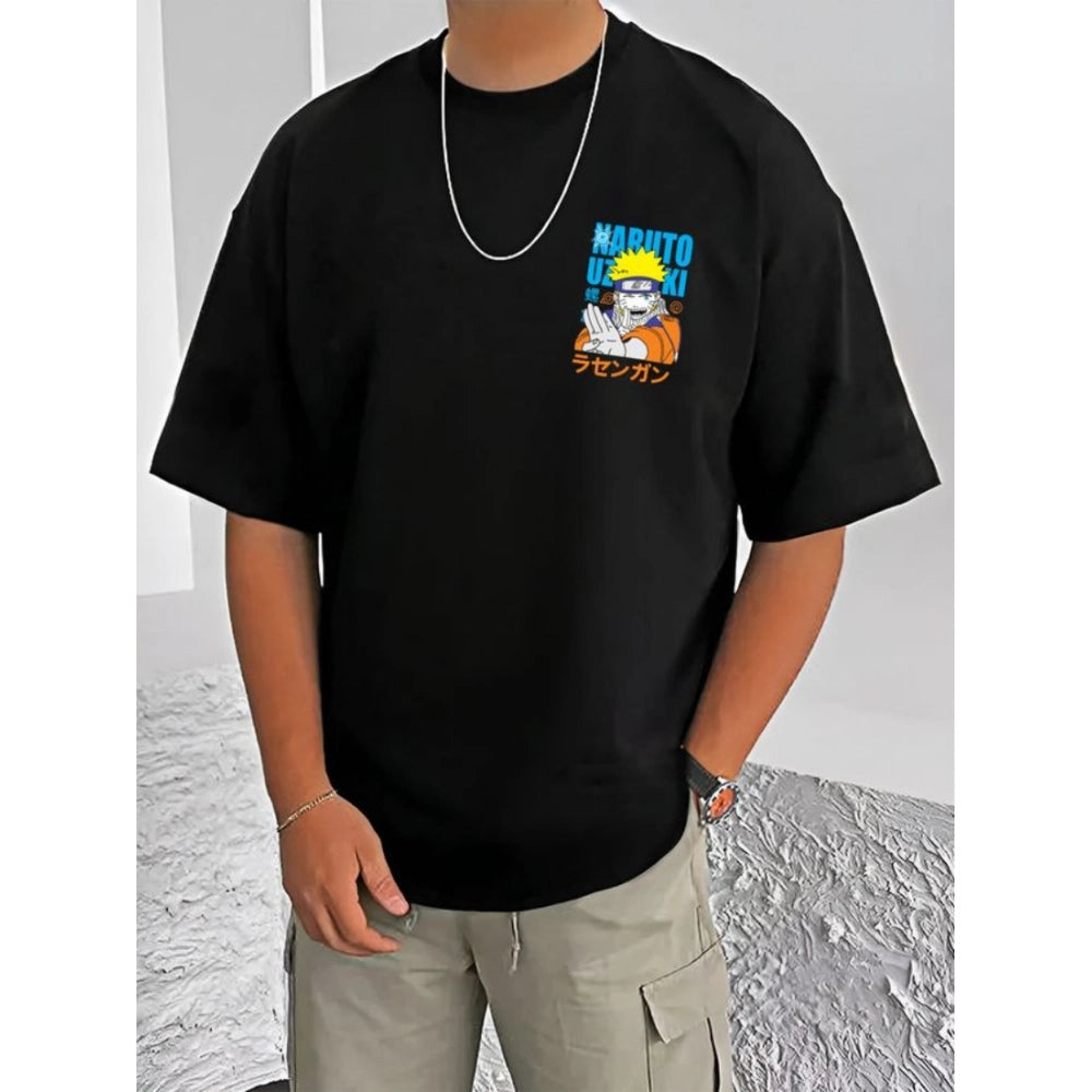 Generic Men's Casual Cotton Blend Printed Round Neck Half Sleeve T-Shirt (Black)