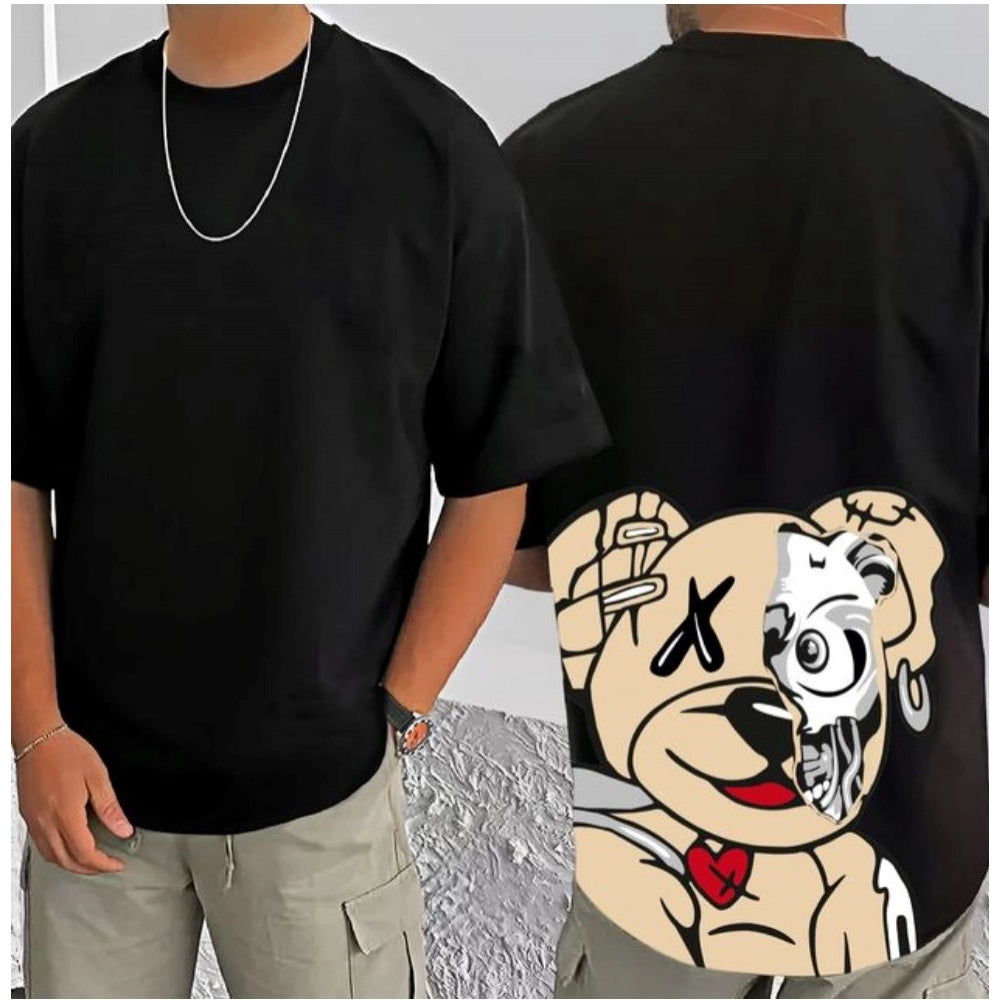 Generic Men's Casual Cotton Blend Printed Round Neck Half Sleeve T-Shirt (Black)