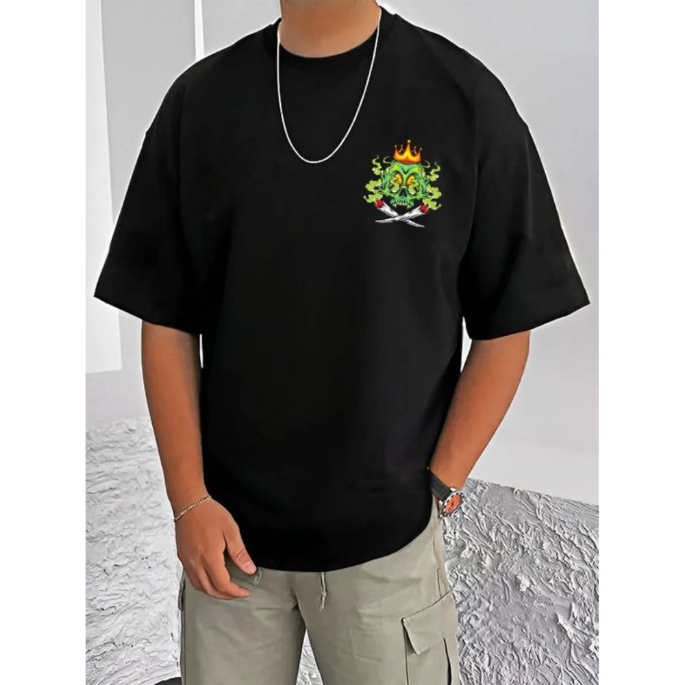 Generic Men's Casual Cotton Blend Printed Round Neck Half Sleeve T-Shirt (Black)