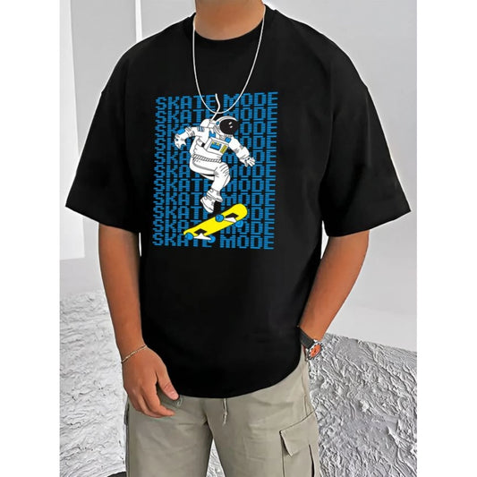 Generic Men's Casual Cotton Blend Printed Round Neck Half Sleeve T-Shirt (Black)