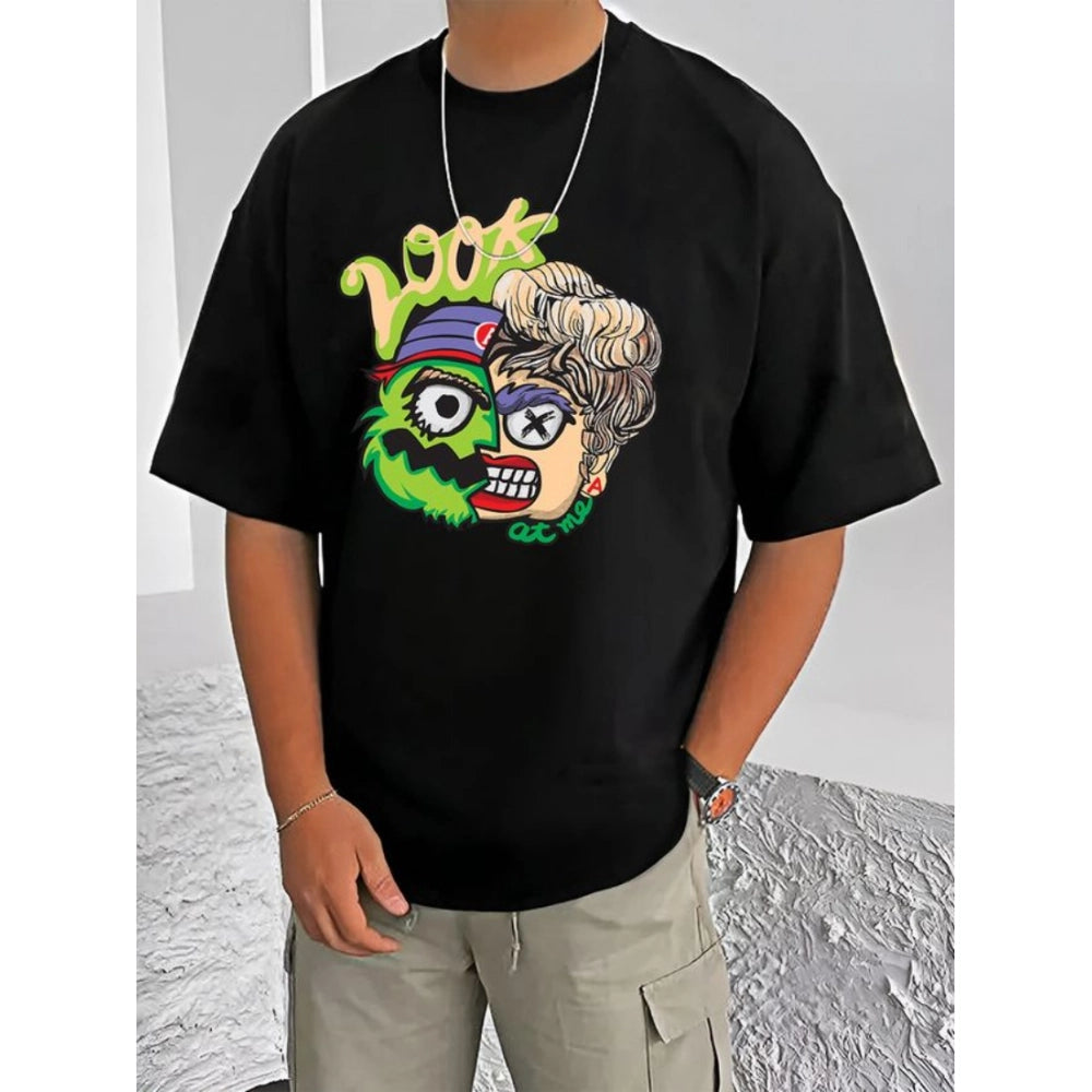 Generic Men's Casual Cotton Blend Printed Round Neck Half Sleeve T-Shirt (Black)