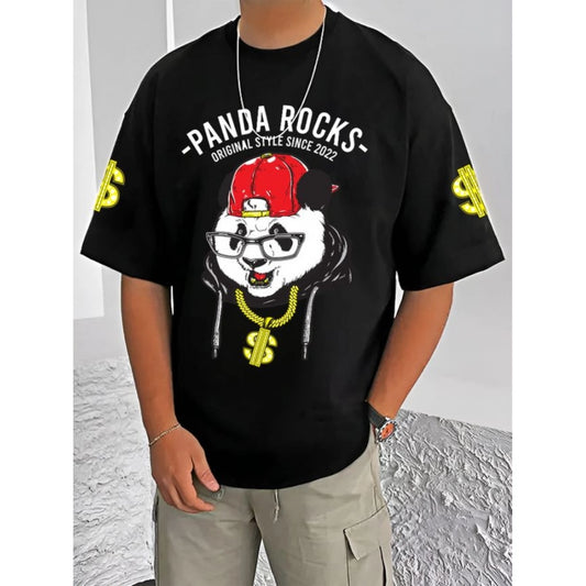 Generic Men's Casual Cotton Blend Printed Round Neck Half Sleeve T-Shirt (Black)