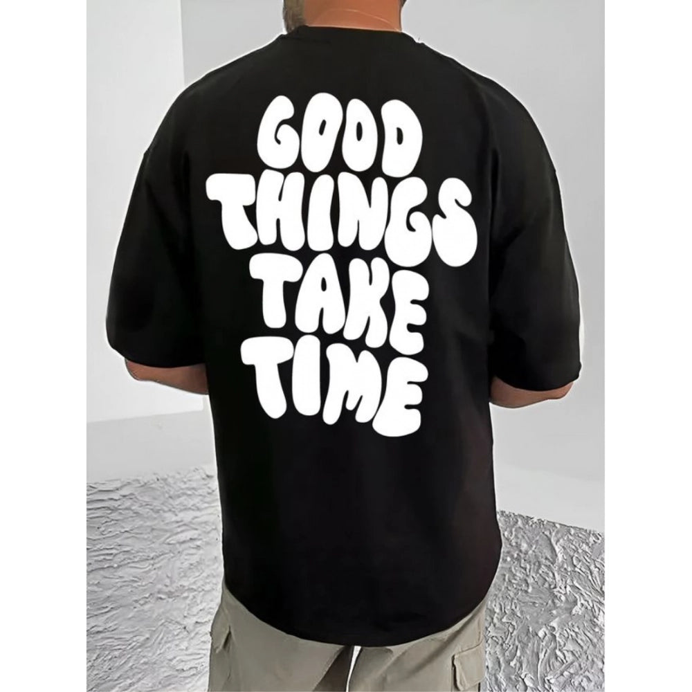 Generic Men's Casual Cotton Blend Printed Round Neck Half Sleeve T-Shirt (Black)