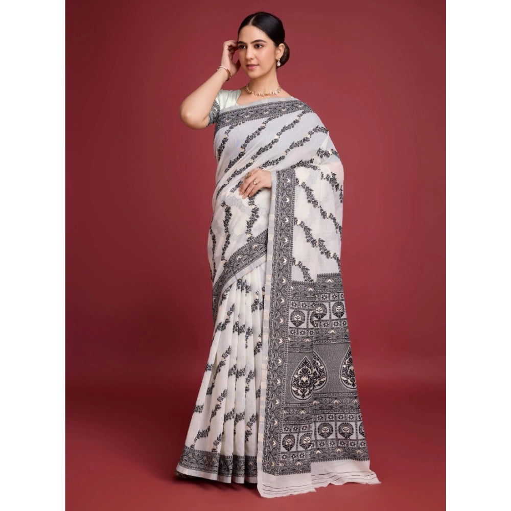 Generic Women's Jamdani Cotton Silk Printed Saree With Unstitched Blouse 5.5Mtr (Black)