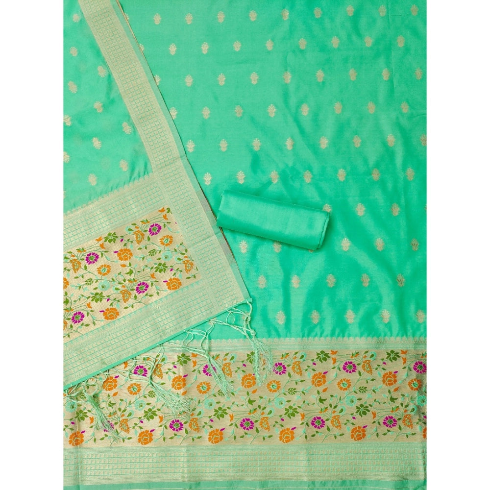 Generic Women's Banarasi Silk Printed Unstitched Salwar Suit Material With Dupatta (Sea Green, 3Mtrs)