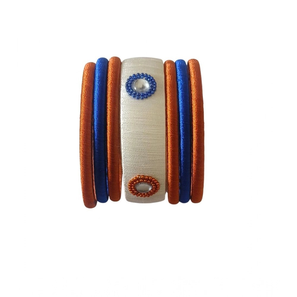 Generic Women's Plastic Silk Thread Bangles (White-Brown-Blue, Size: 2.8)