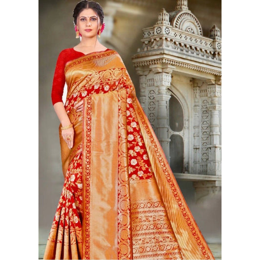 Generic Women's Litchi silk Printed Saree With Unstitched Blouse (Red)