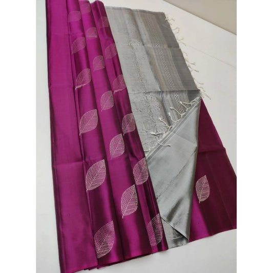 Generic Women's Litchi silk Printed Saree With Unstitched Blouse (Pink)