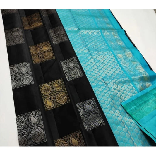 Generic Women's Litchi silk Printed Saree With Unstitched Blouse (Black With Blue)